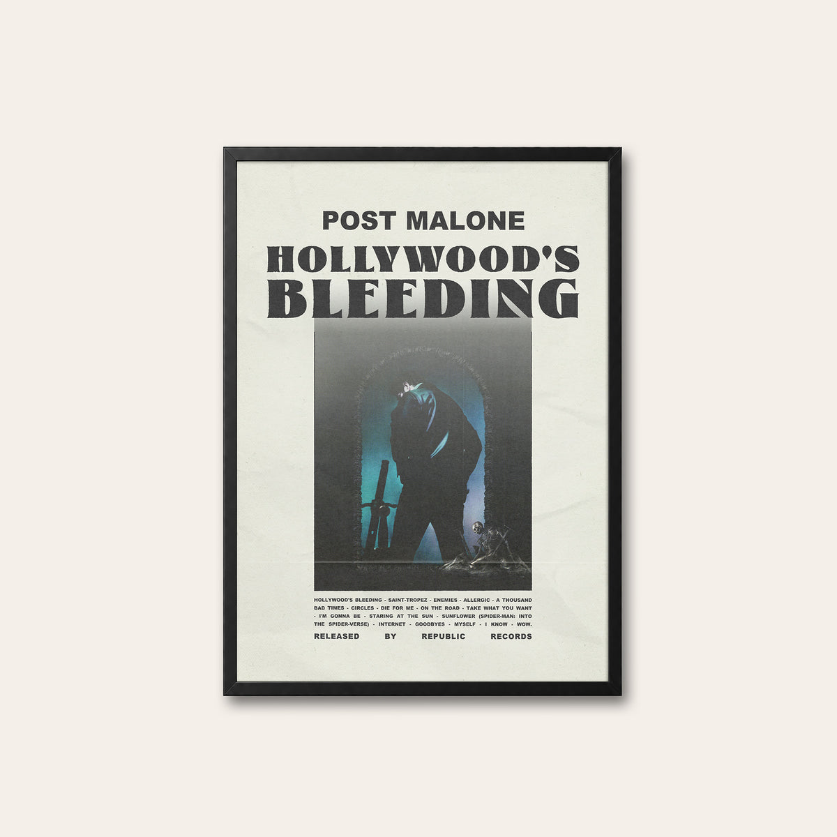 Post Malone Hollywood's Bleeding album poster — black frame