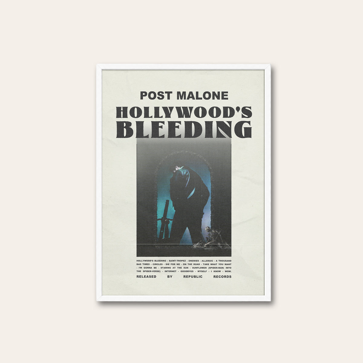 Post Malone Hollywood's Bleeding album poster — white frame