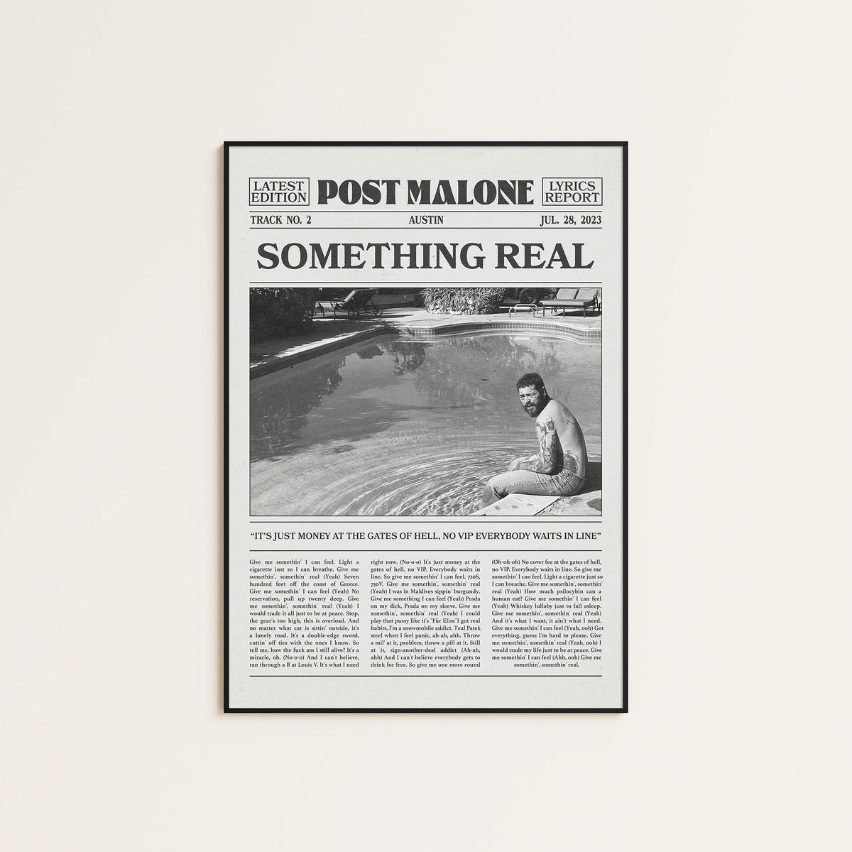 Post Malone Something Real newspaper poster — black frame display