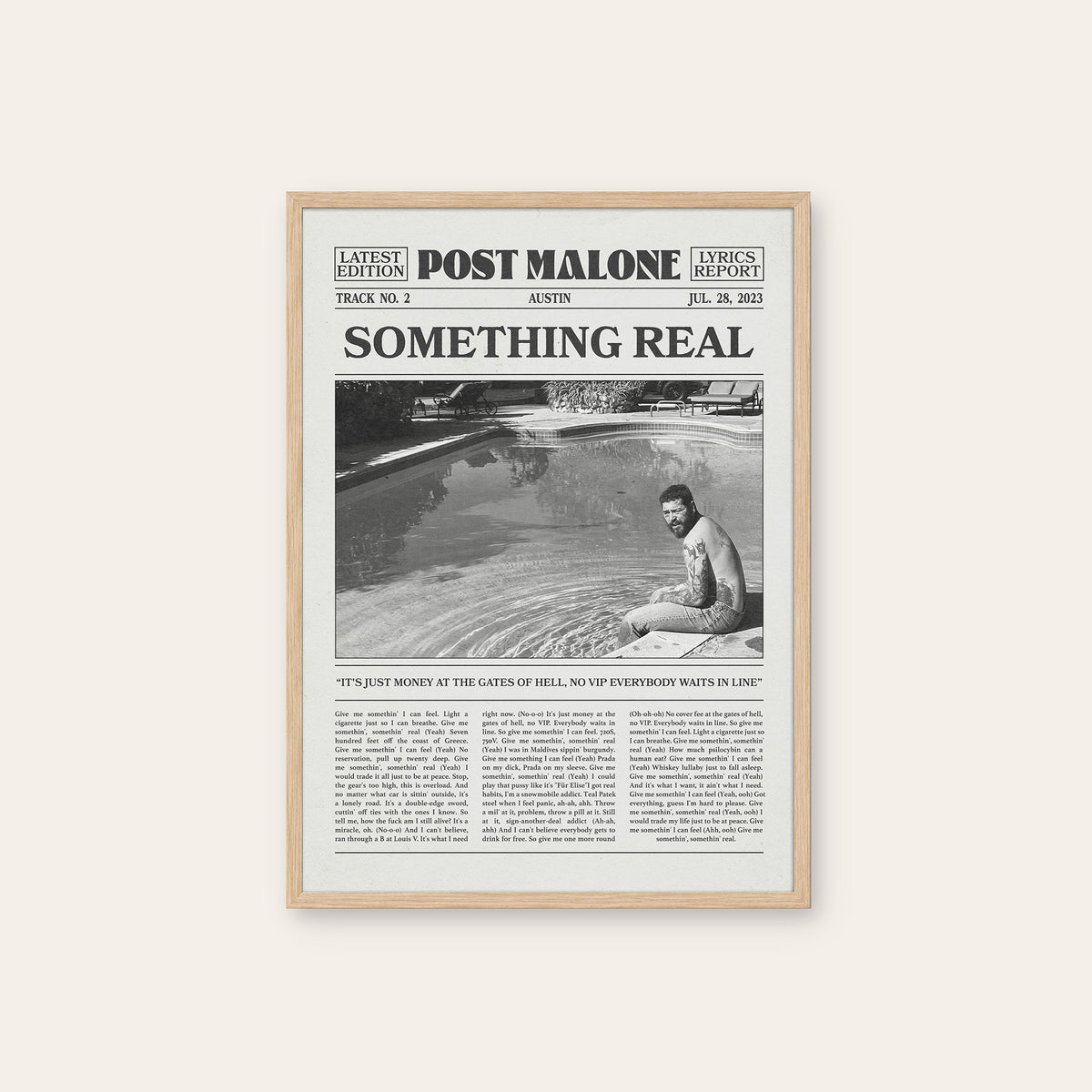 Post Malone Something Real newspaper poster — natural wood frame