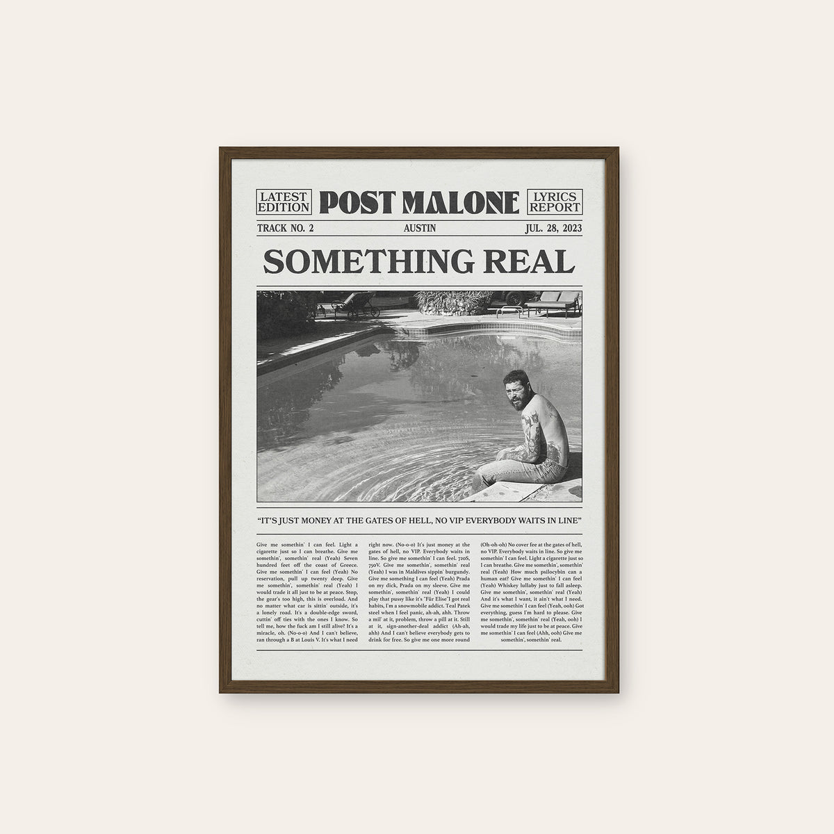 Post Malone Something Real newspaper poster — dark wood frame