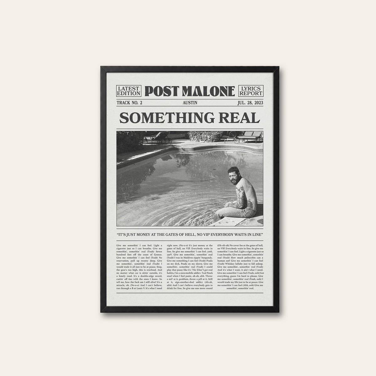 Post Malone Something Real newspaper poster — black frame