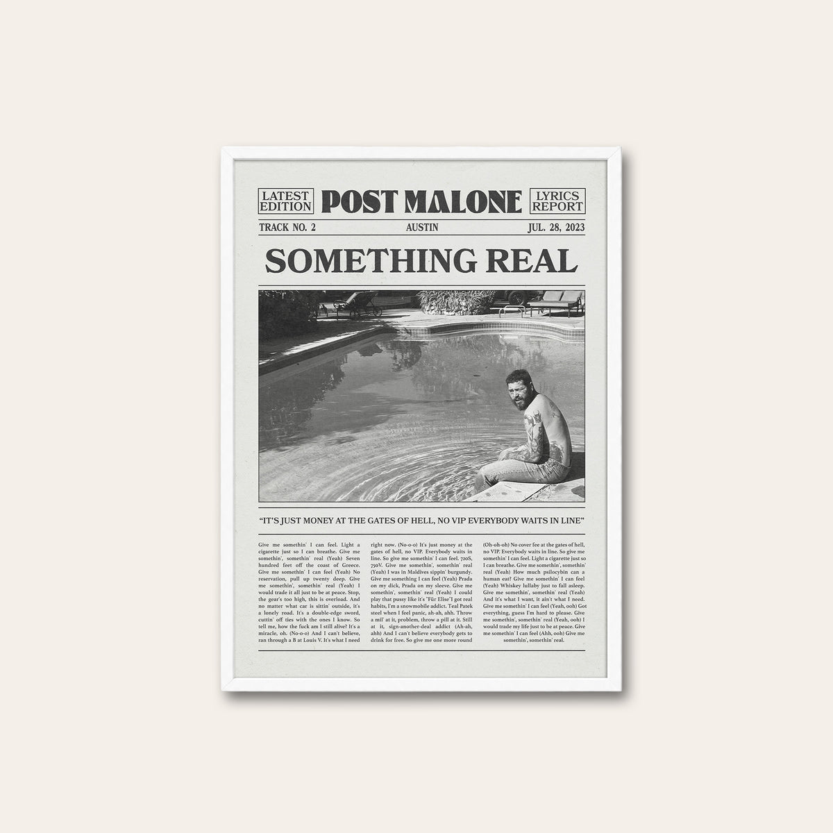 Post Malone Something Real newspaper poster — white frame