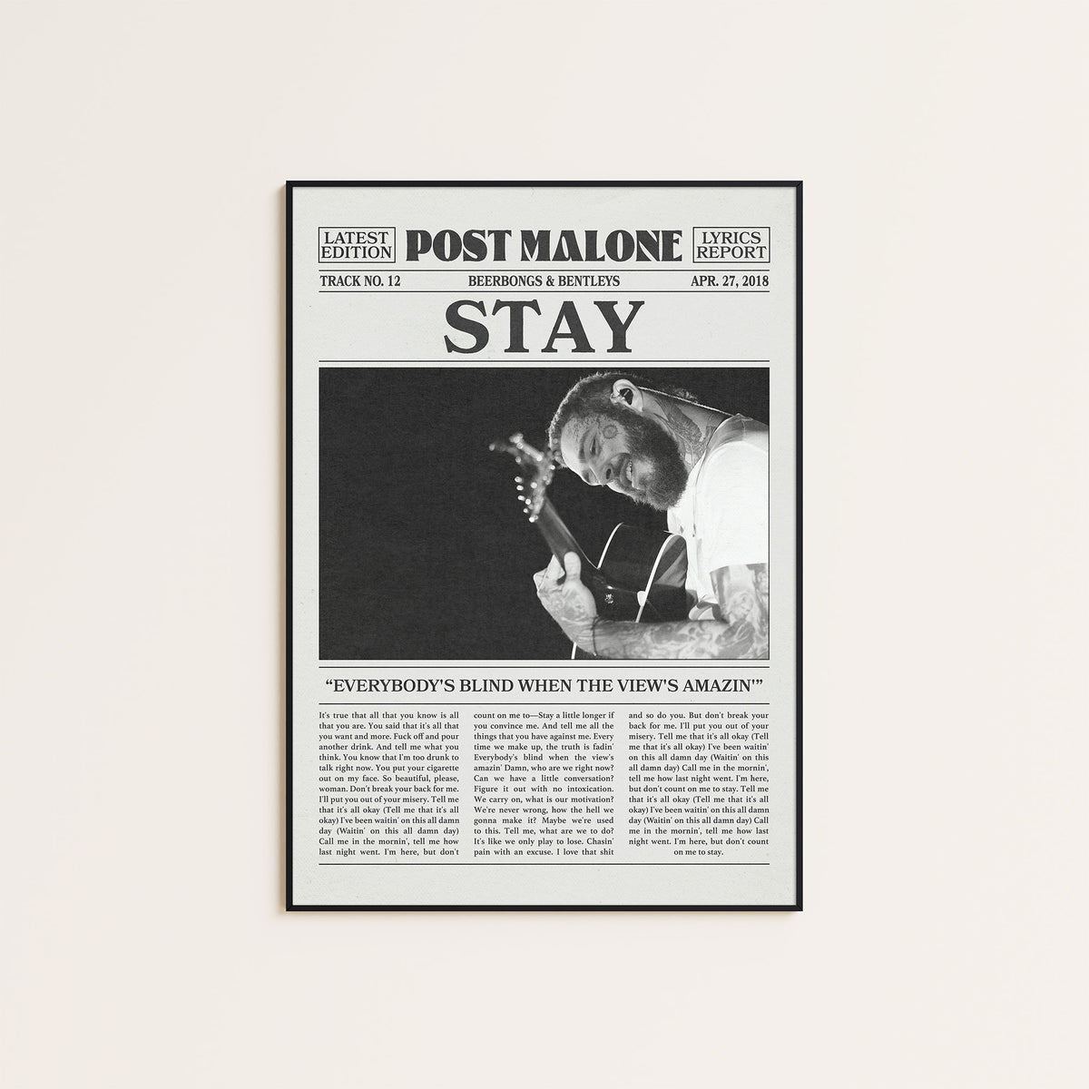 Post Malone Stay newspaper poster — black frame display