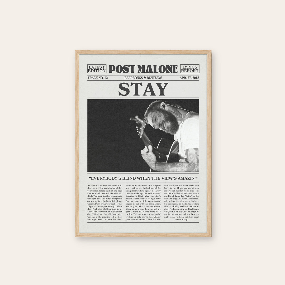Post Malone Stay newspaper poster — natural wood frame