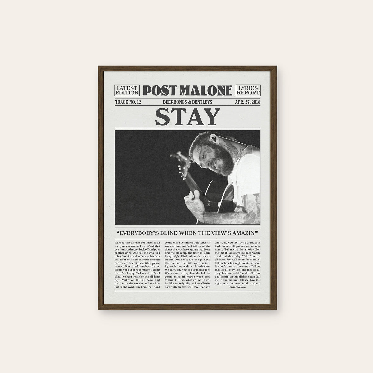 Post Malone Stay newspaper poster — dark wood frame