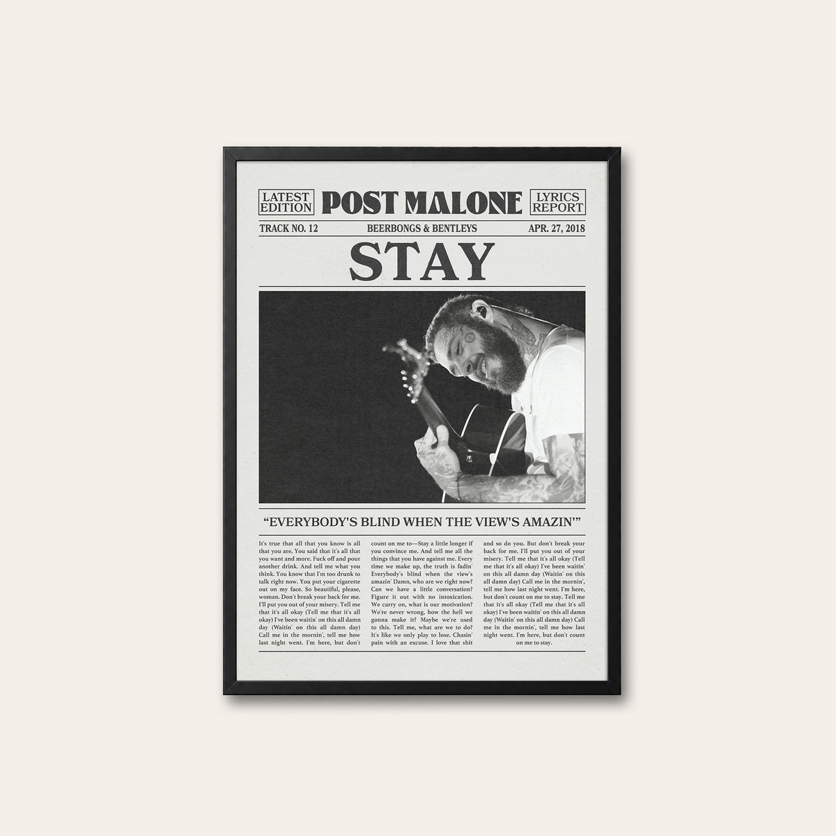 Post Malone Stay newspaper poster — black frame