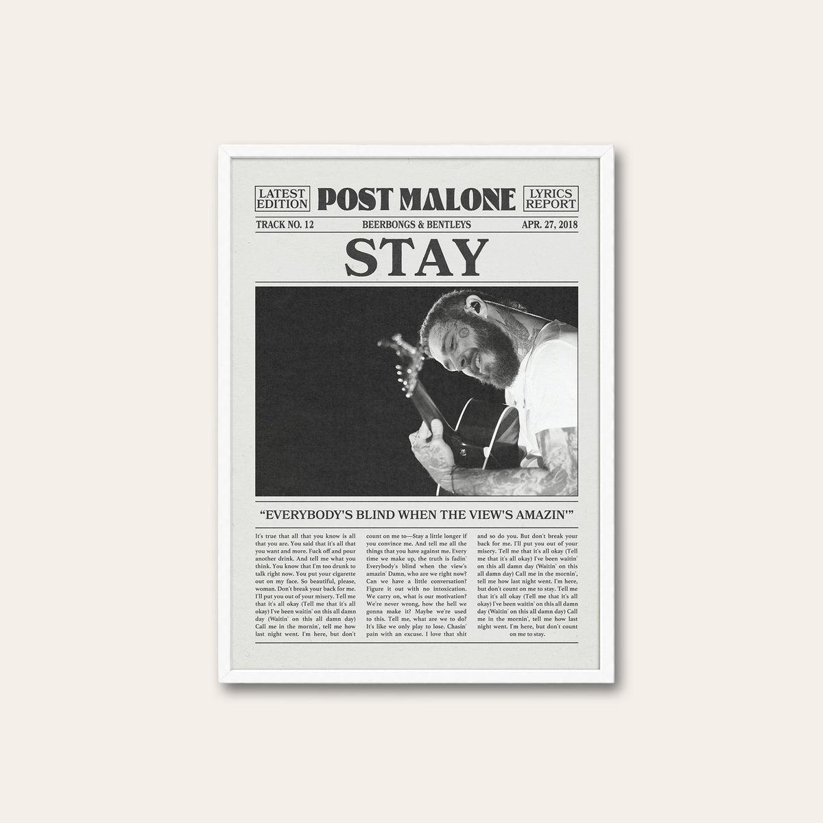 Post Malone Stay newspaper poster — white frame