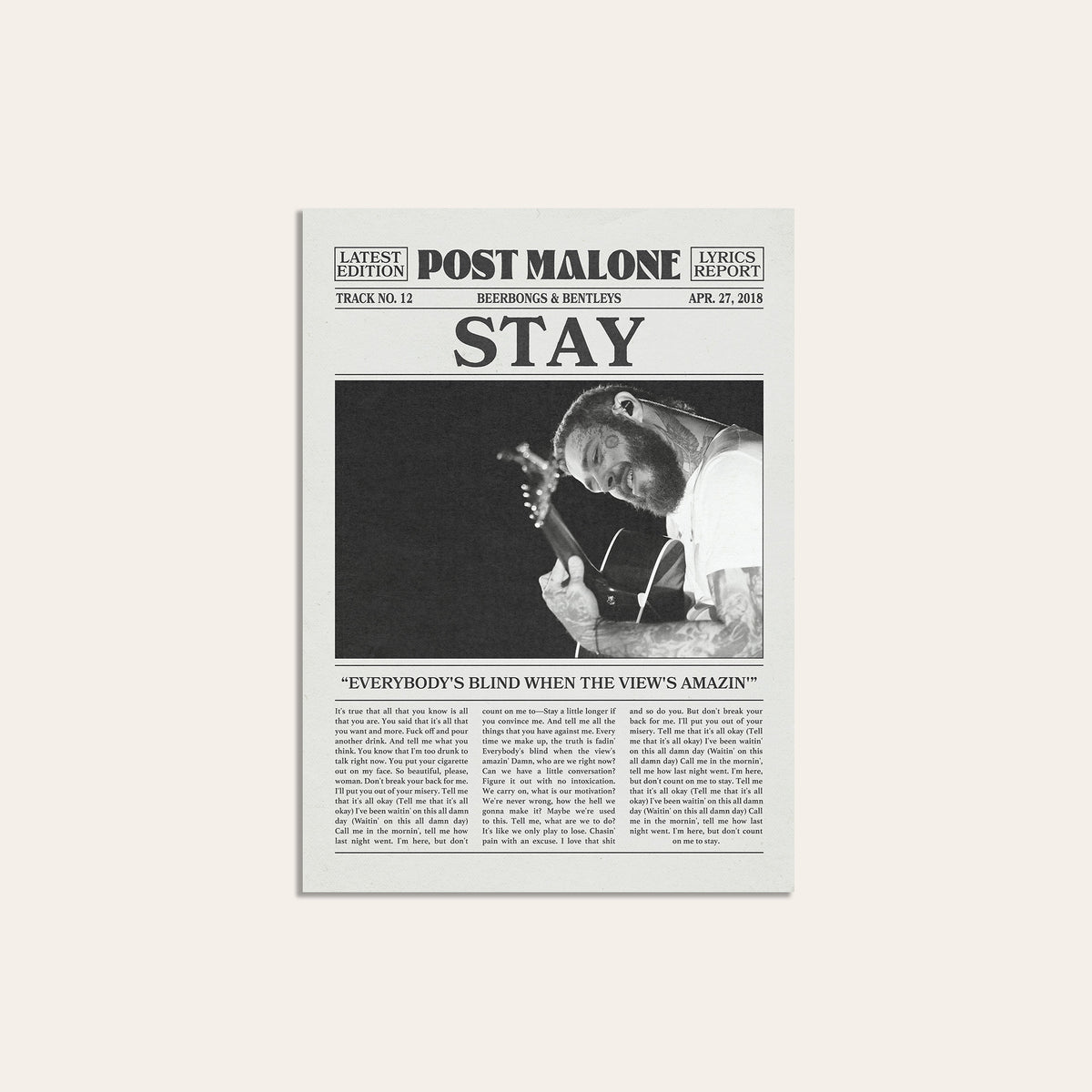 Post Malone Stay newspaper poster — unframed print