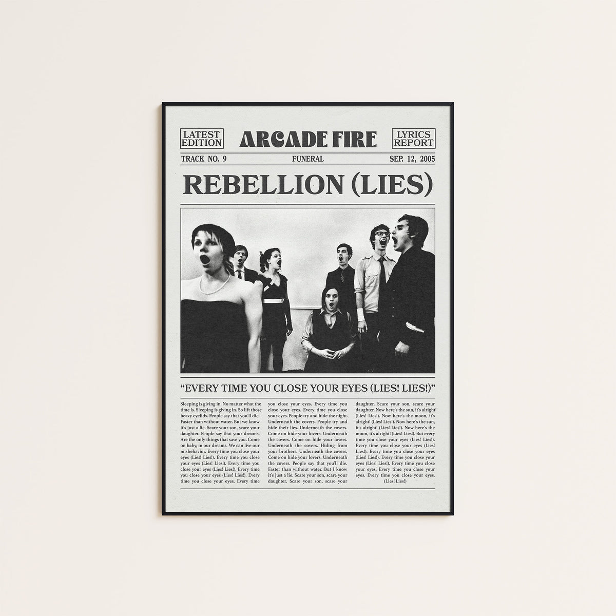 Arcade Fire Rebellion (Lies) newspaper poster — black frame display