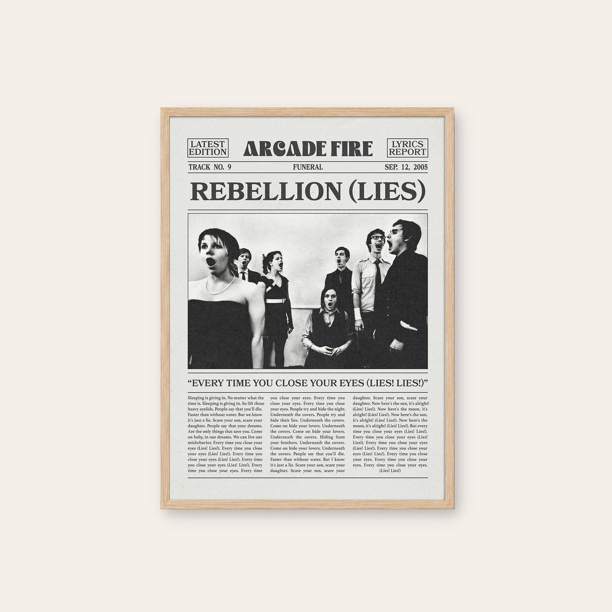 Arcade Fire Rebellion (Lies) newspaper poster — natural wood frame