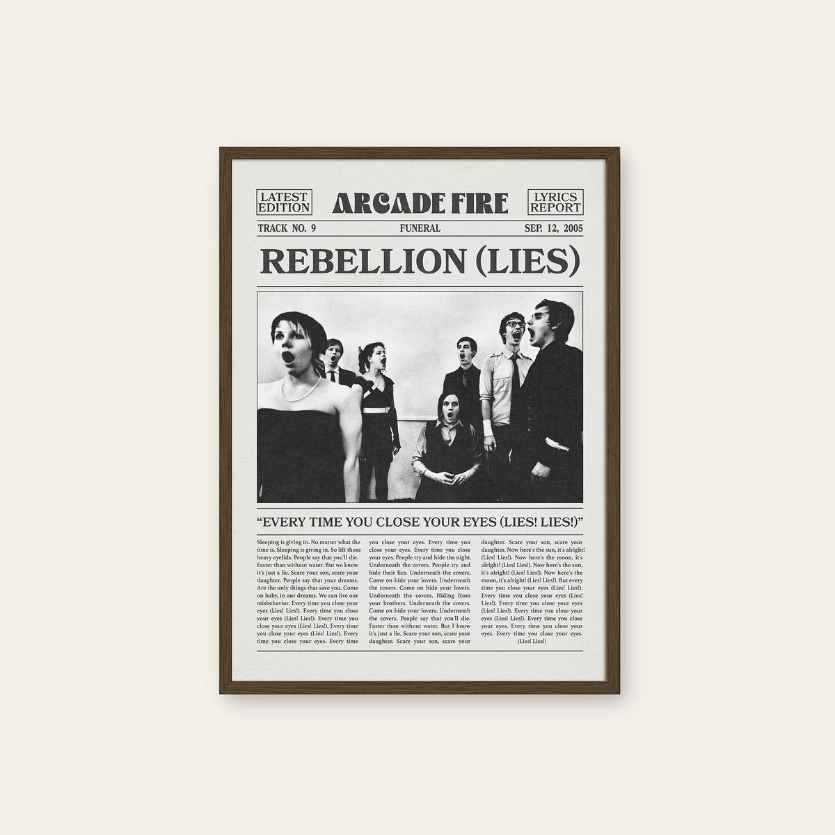 Arcade Fire Rebellion (Lies) newspaper poster — dark wood frame