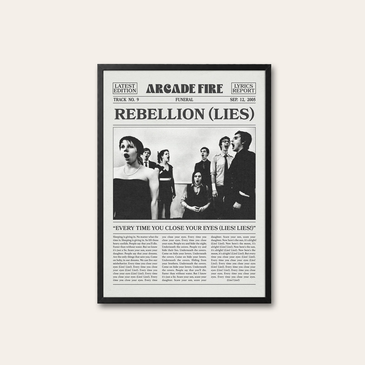 Arcade Fire Rebellion (Lies) newspaper poster — black frame