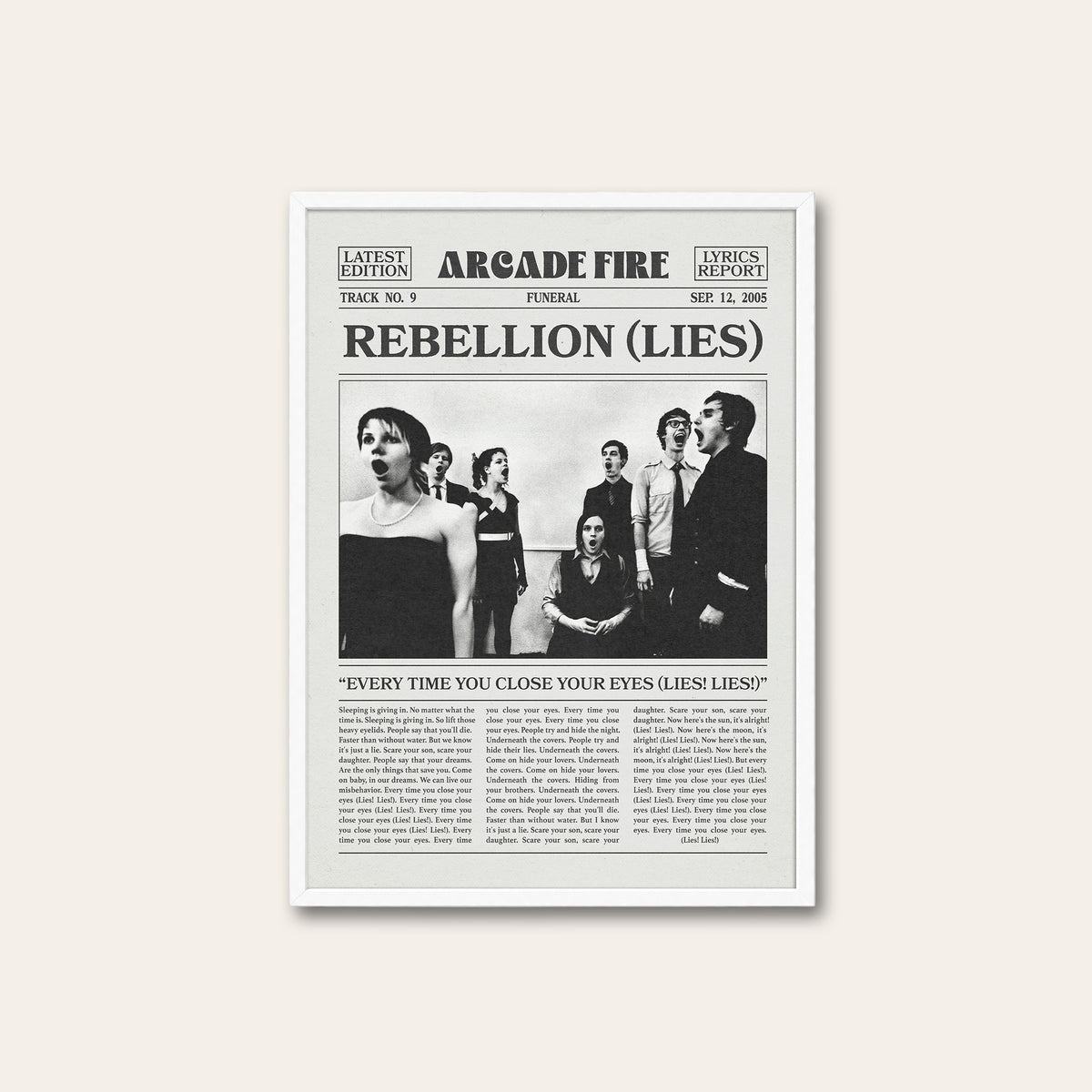 Arcade Fire Rebellion (Lies) newspaper poster — white frame