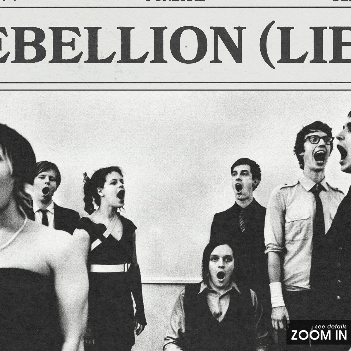 Arcade Fire Rebellion (Lies) newspaper poster — close-up detail