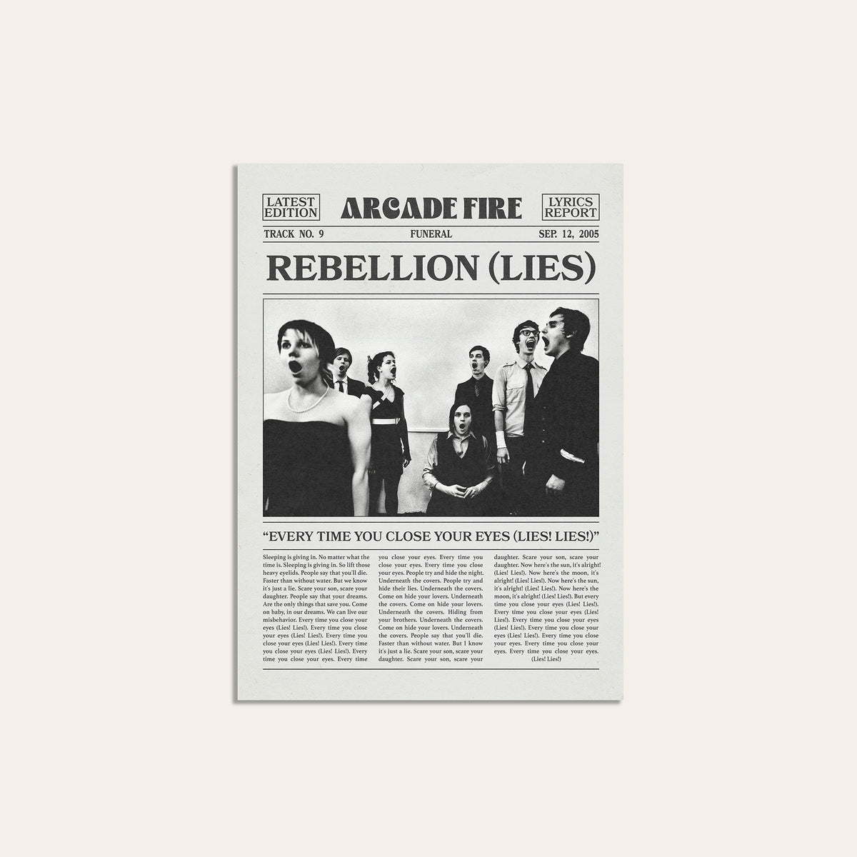 Arcade Fire Rebellion (Lies) newspaper poster — unframed print