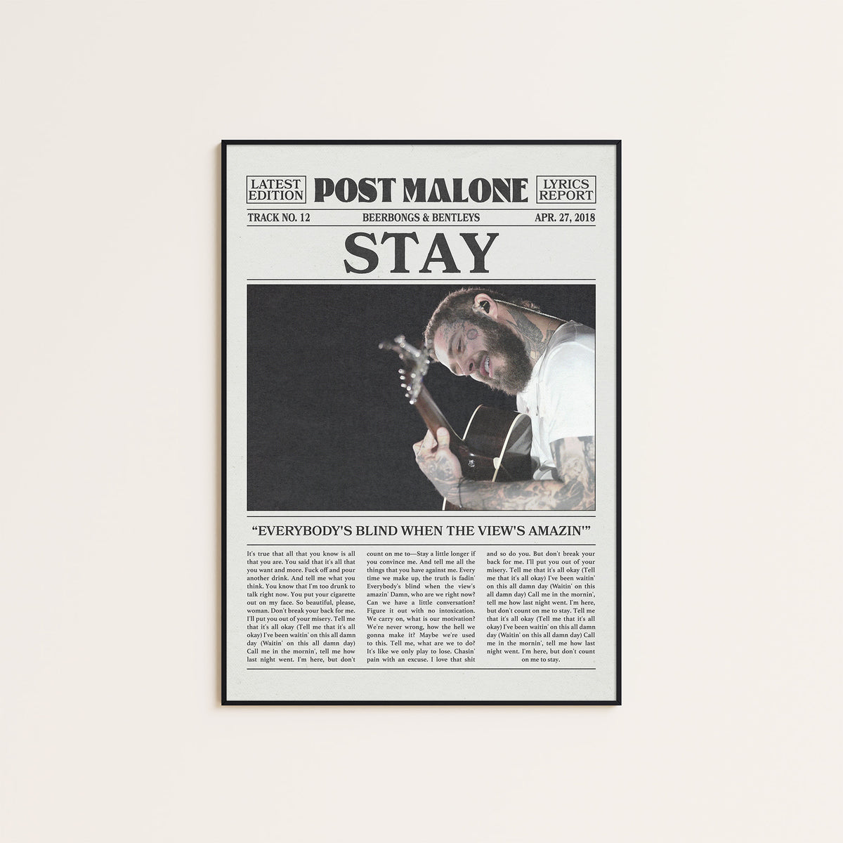Post Malone Stay newspaper poster — black frame display