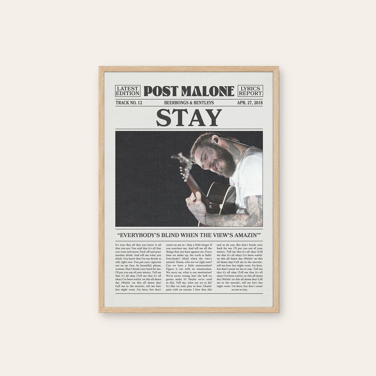 Post Malone Stay newspaper poster — natural wood frame