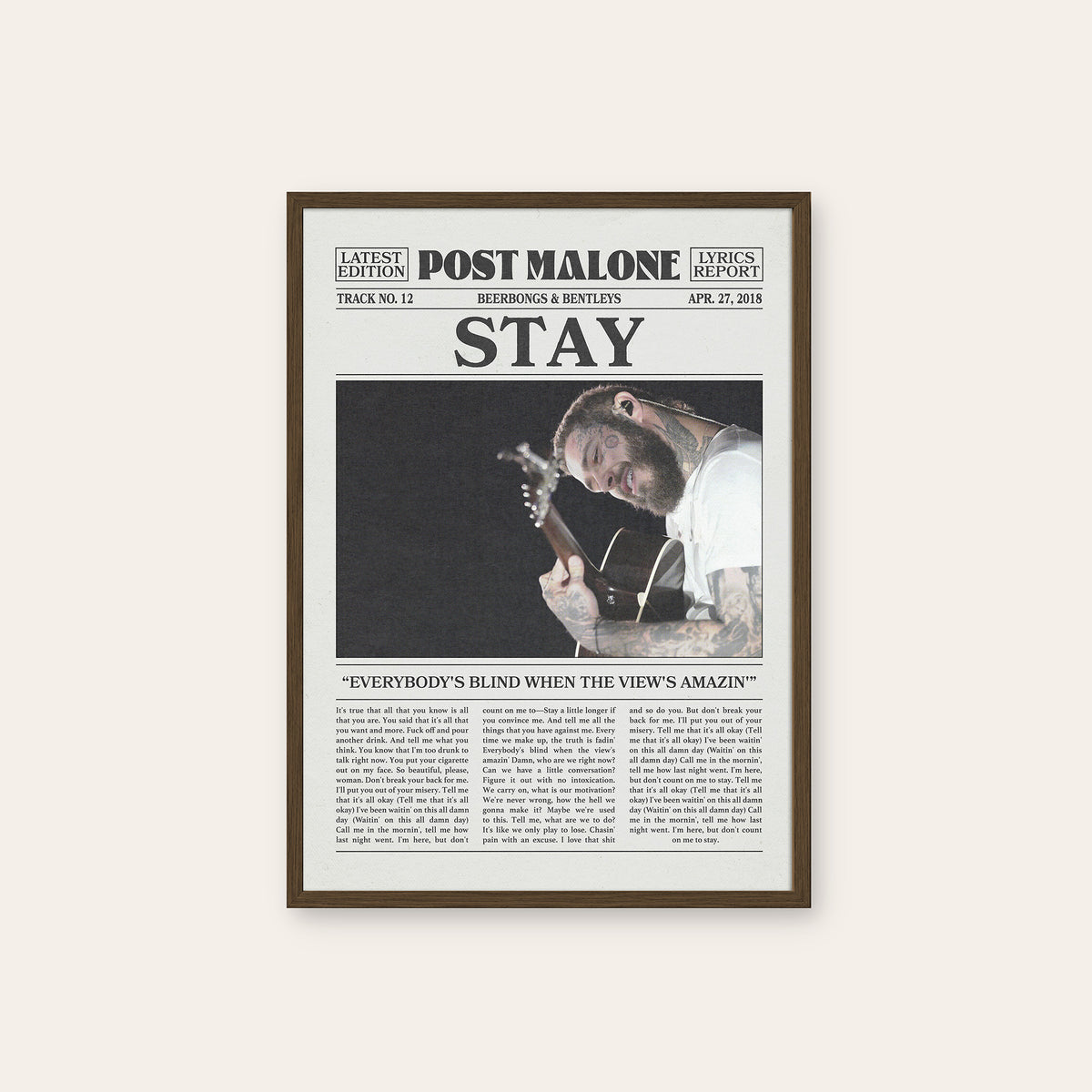 Post Malone Stay newspaper poster — dark wood frame