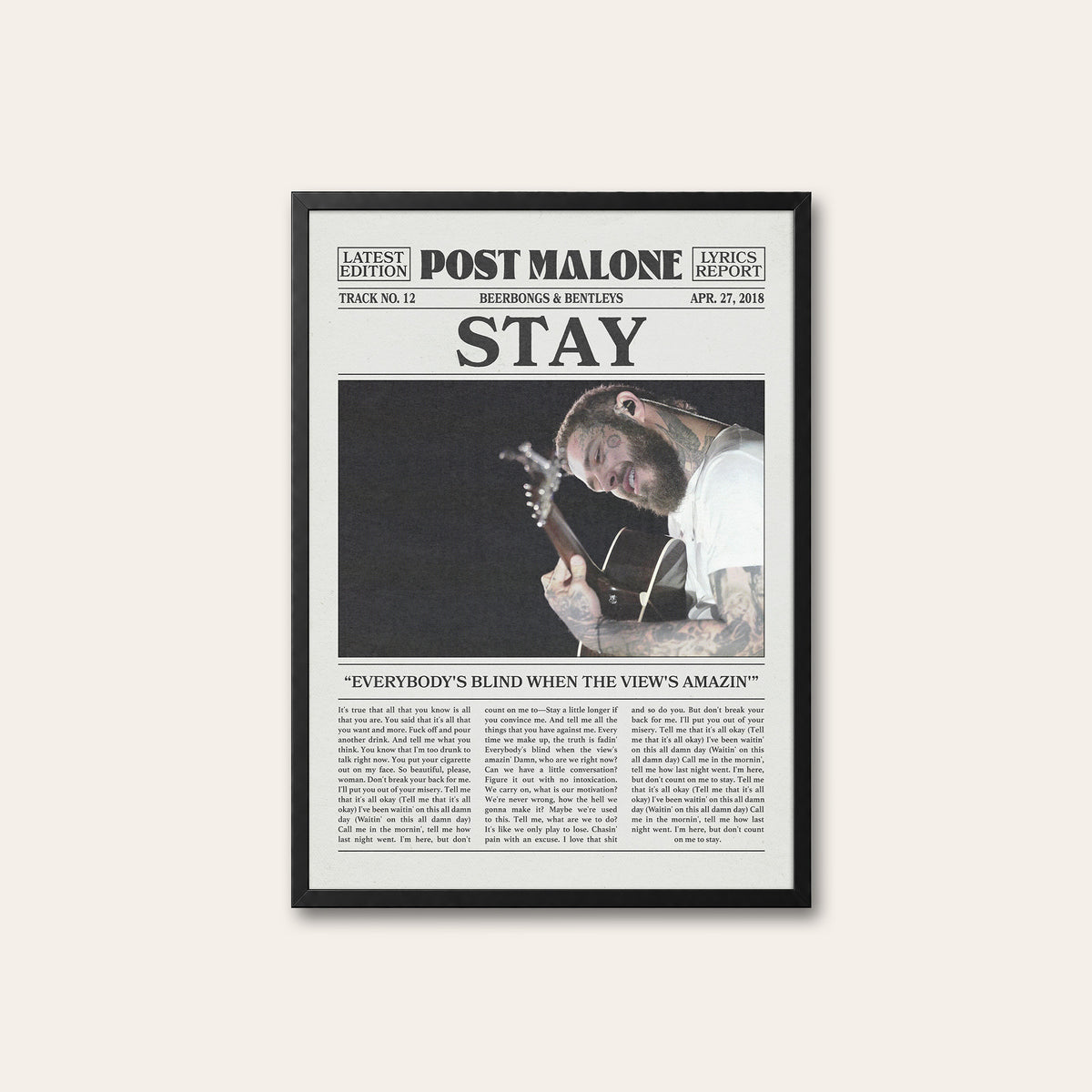 Post Malone Stay newspaper poster — black frame