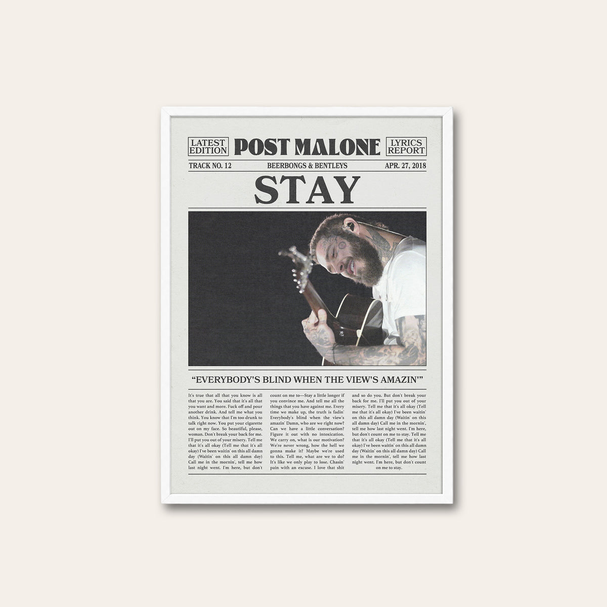 Post Malone Stay newspaper poster — white frame