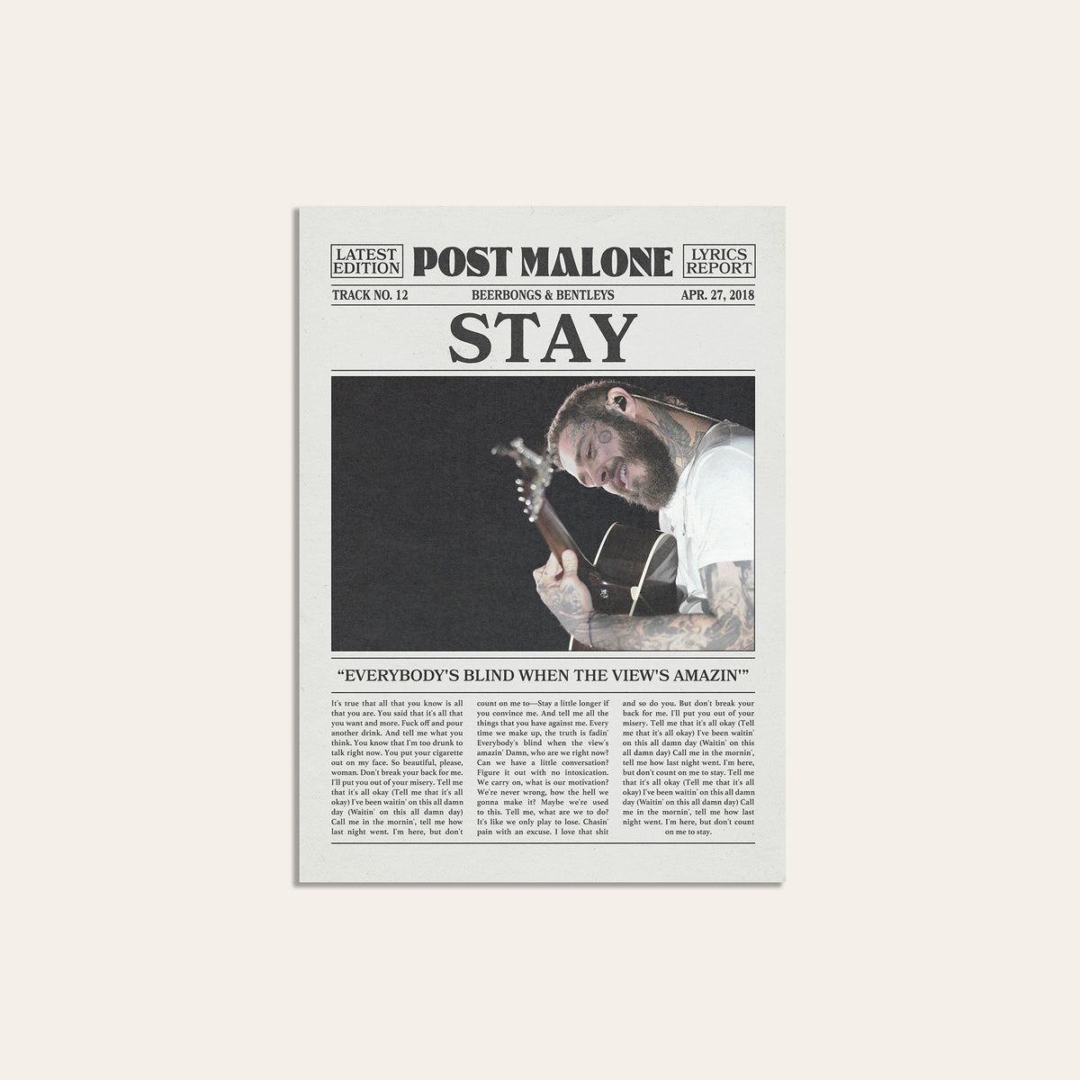 Post Malone Stay newspaper poster — unframed print