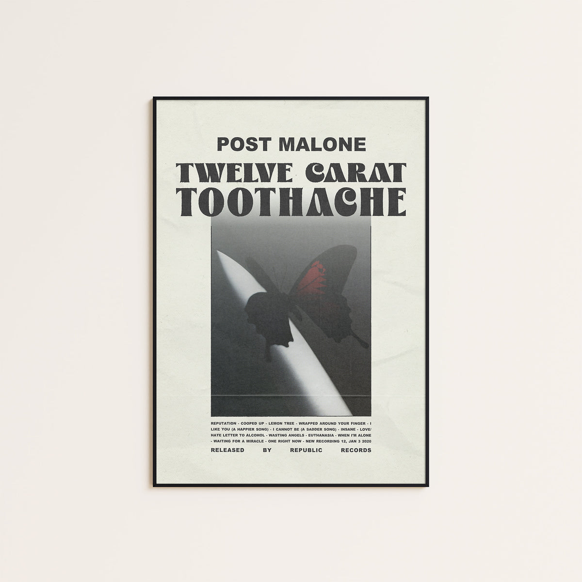 Post Malone Twelve Carat Toothache album poster — black frame display