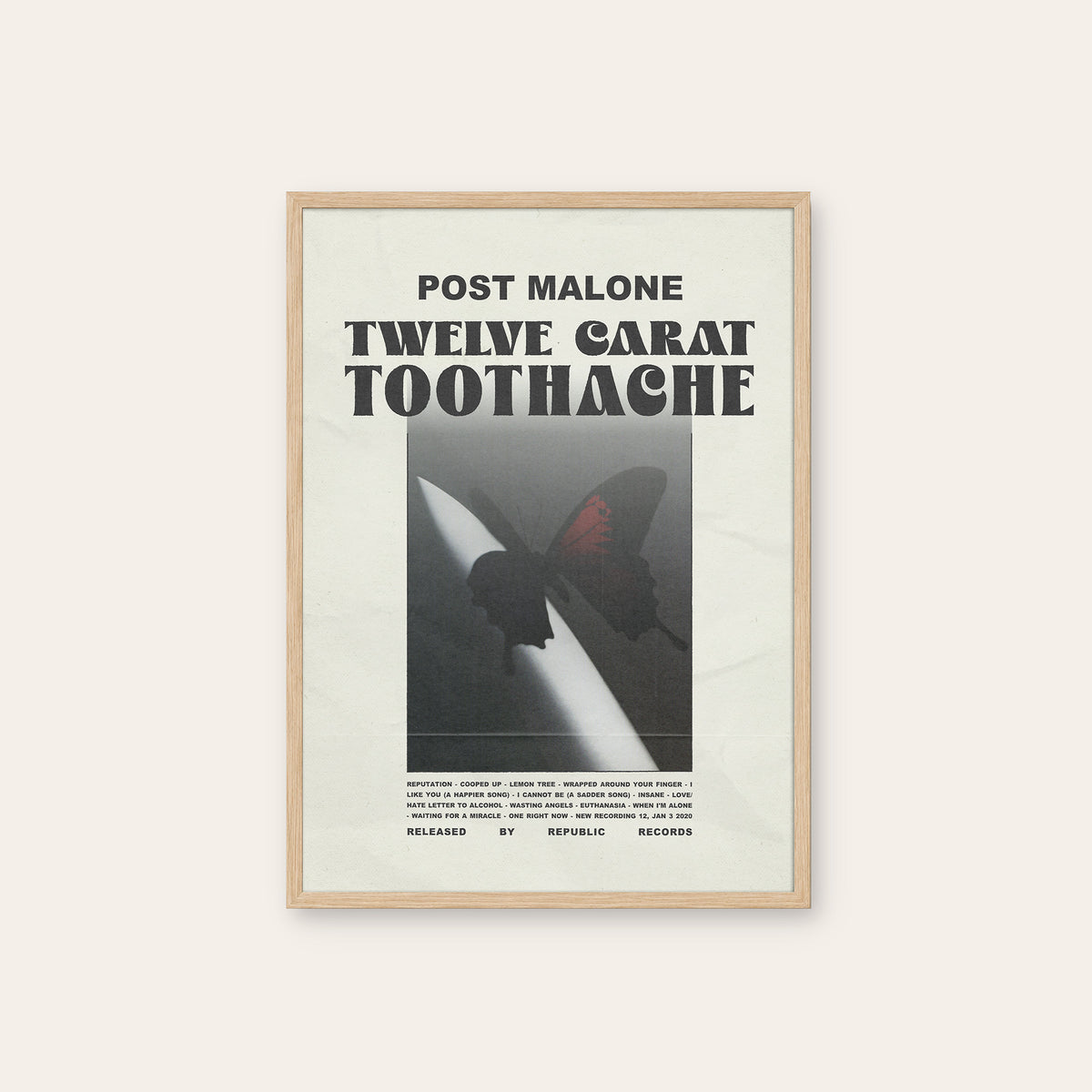 Post Malone Twelve Carat Toothache album poster — natural wood frame