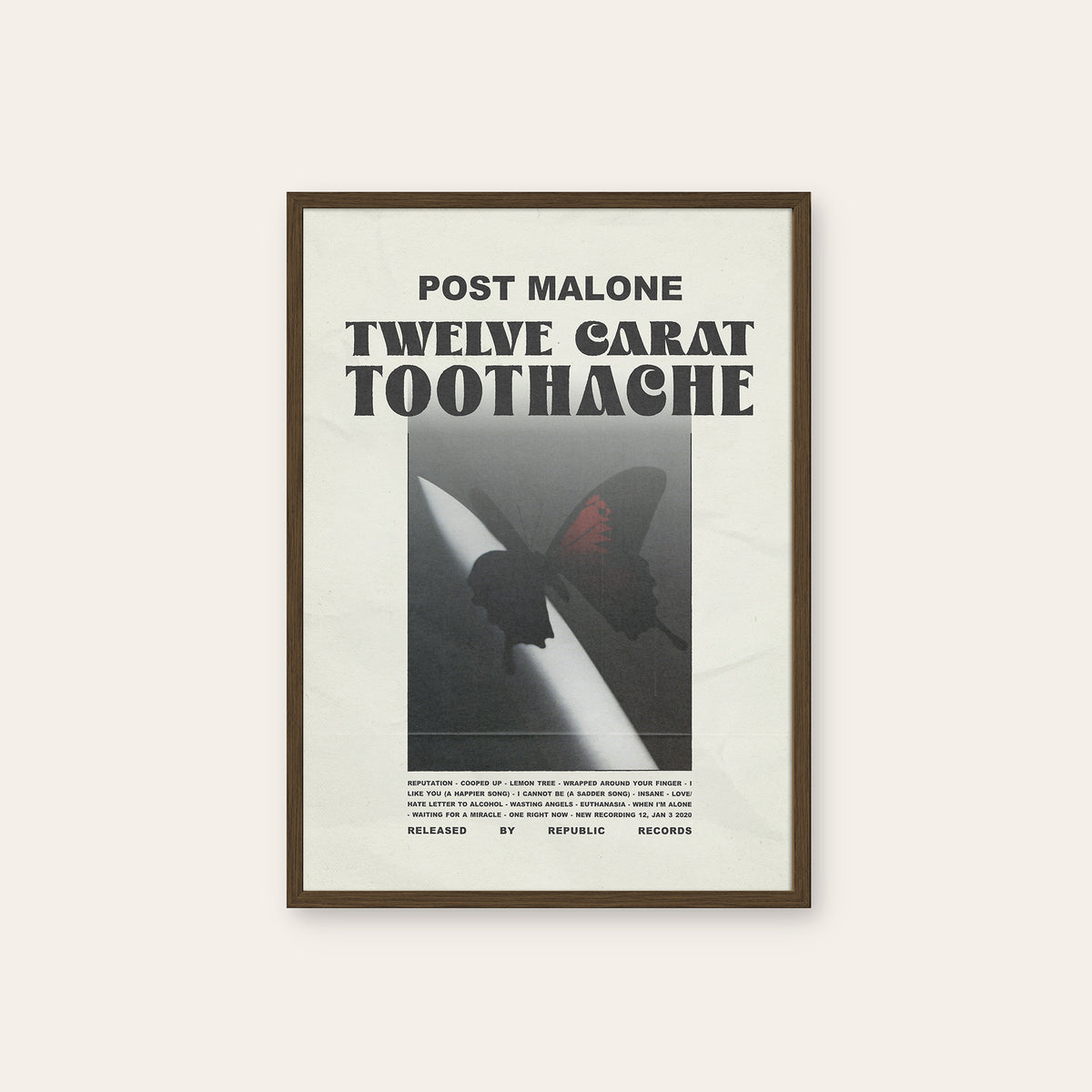 Post Malone Twelve Carat Toothache album poster — dark wood frame