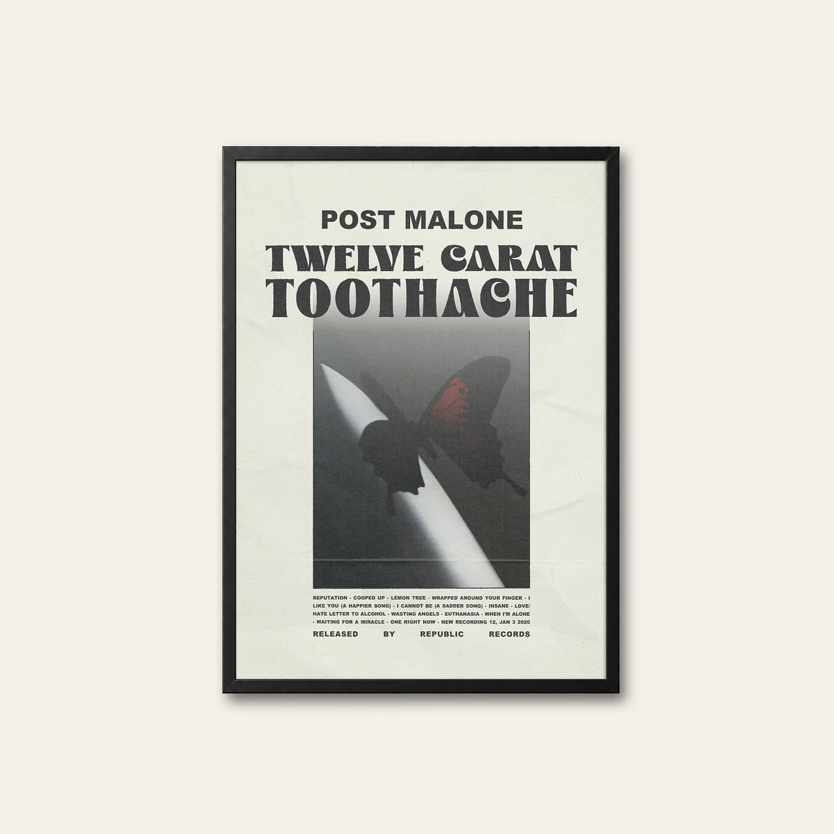 Post Malone Twelve Carat Toothache album poster — black frame