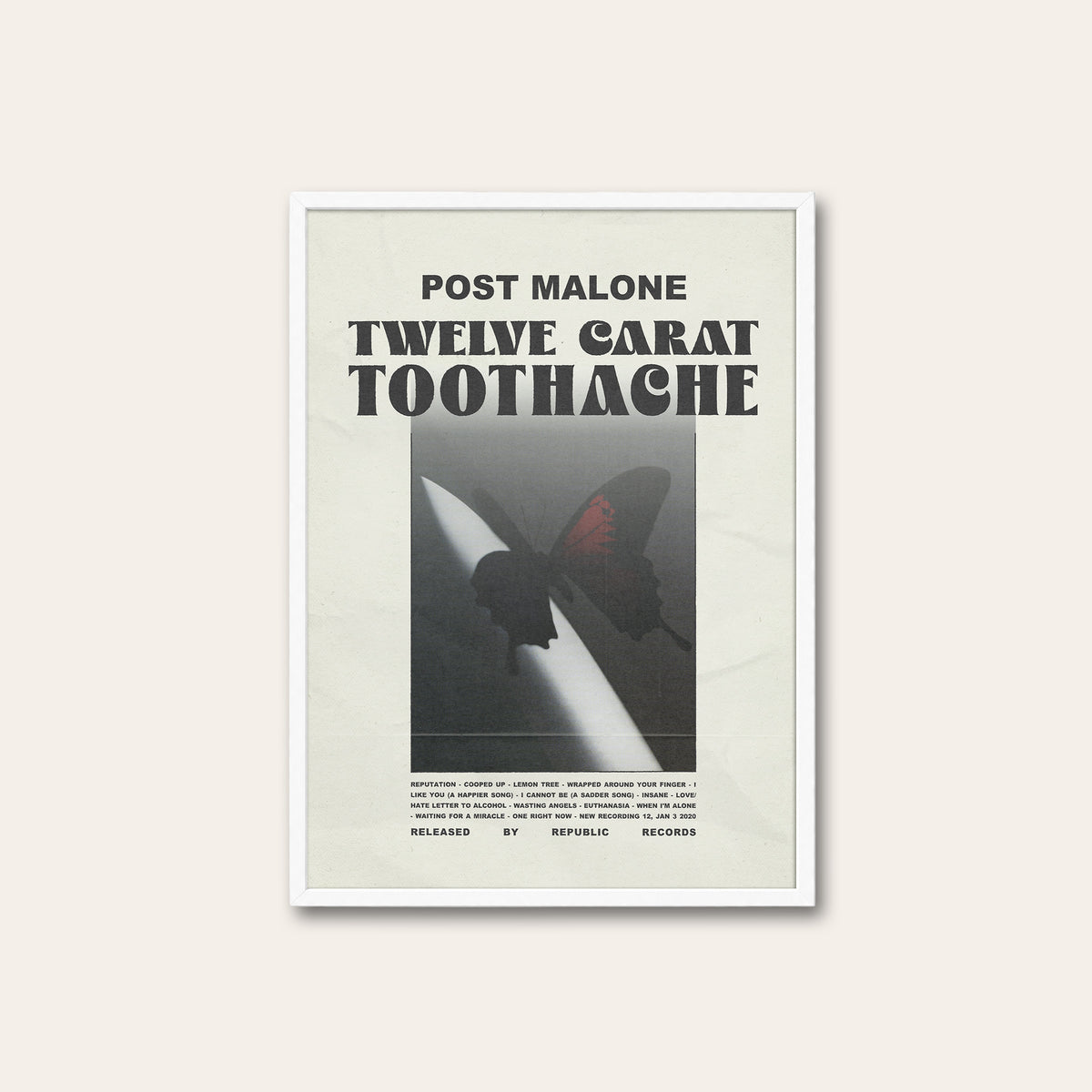 Post Malone Twelve Carat Toothache album poster — white frame
