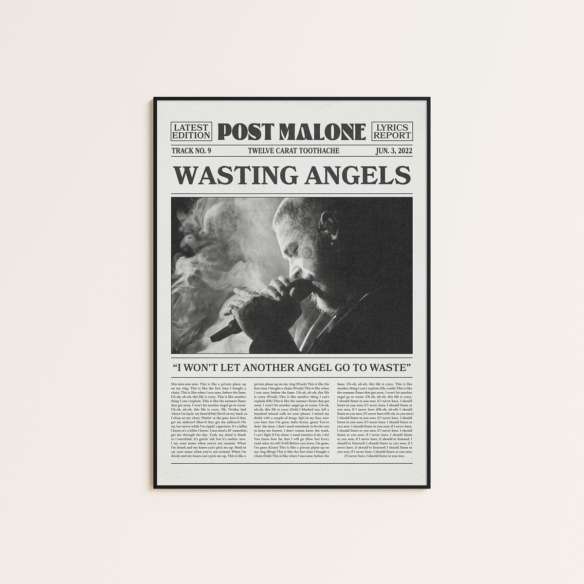 Post Malone Wasting Angels newspaper poster — black frame display