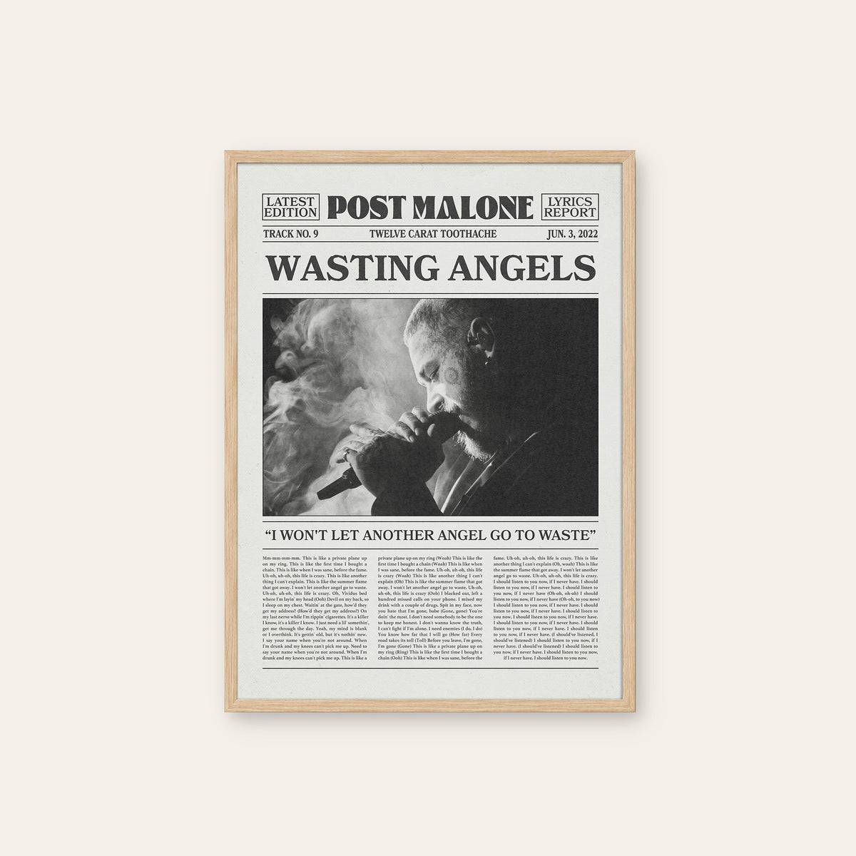 Post Malone Wasting Angels newspaper poster — natural wood frame