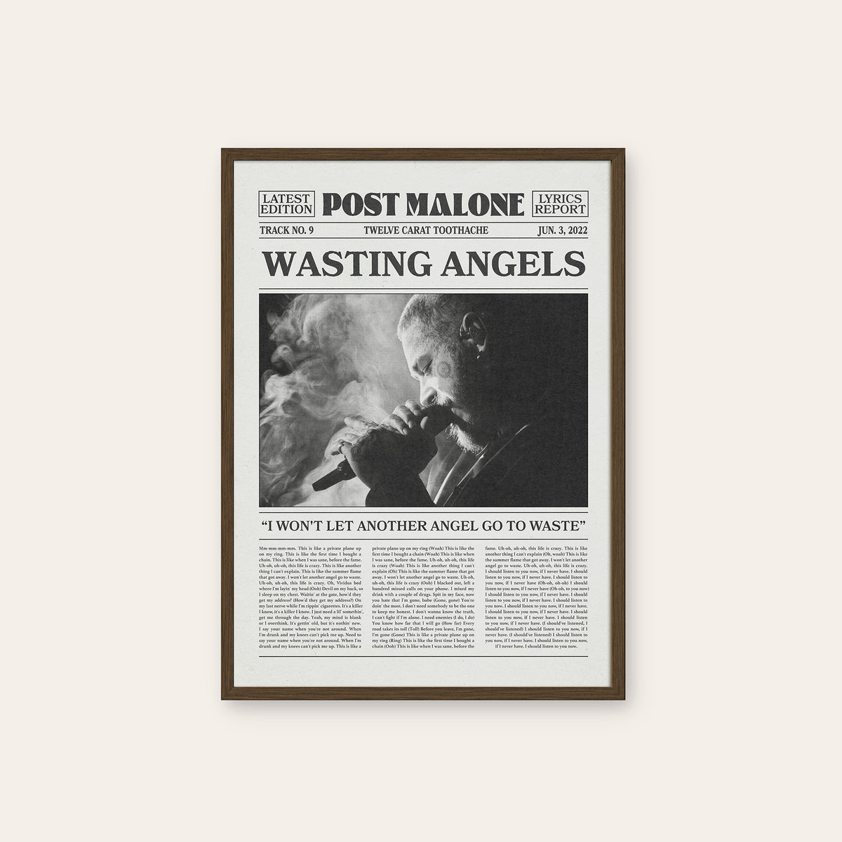 Post Malone Wasting Angels newspaper poster — dark wood frame
