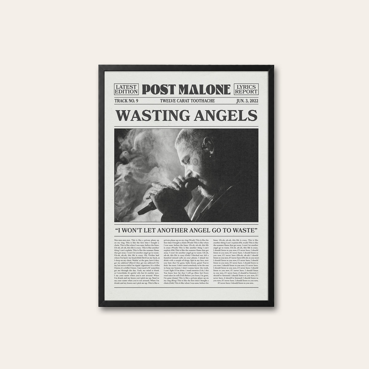 Post Malone Wasting Angels newspaper poster — black frame