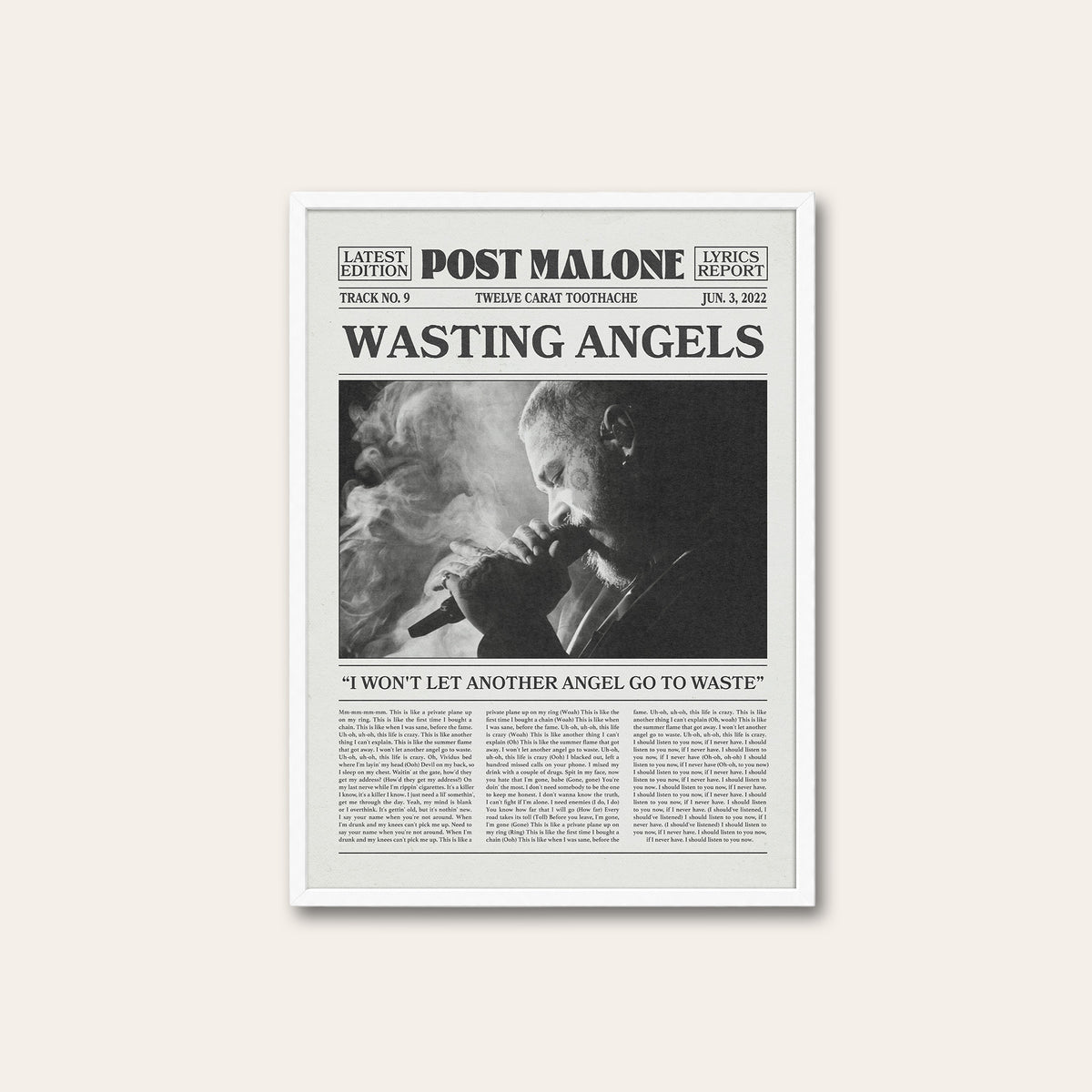 Post Malone Wasting Angels newspaper poster — white frame