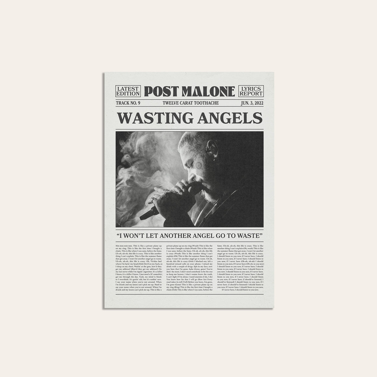Post Malone Wasting Angels newspaper poster — unframed print