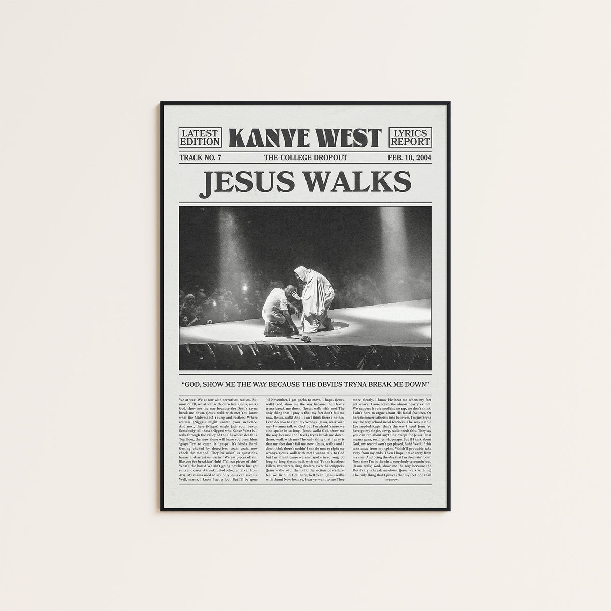 Kanye West Jesus Walks newspaper poster — black frame display