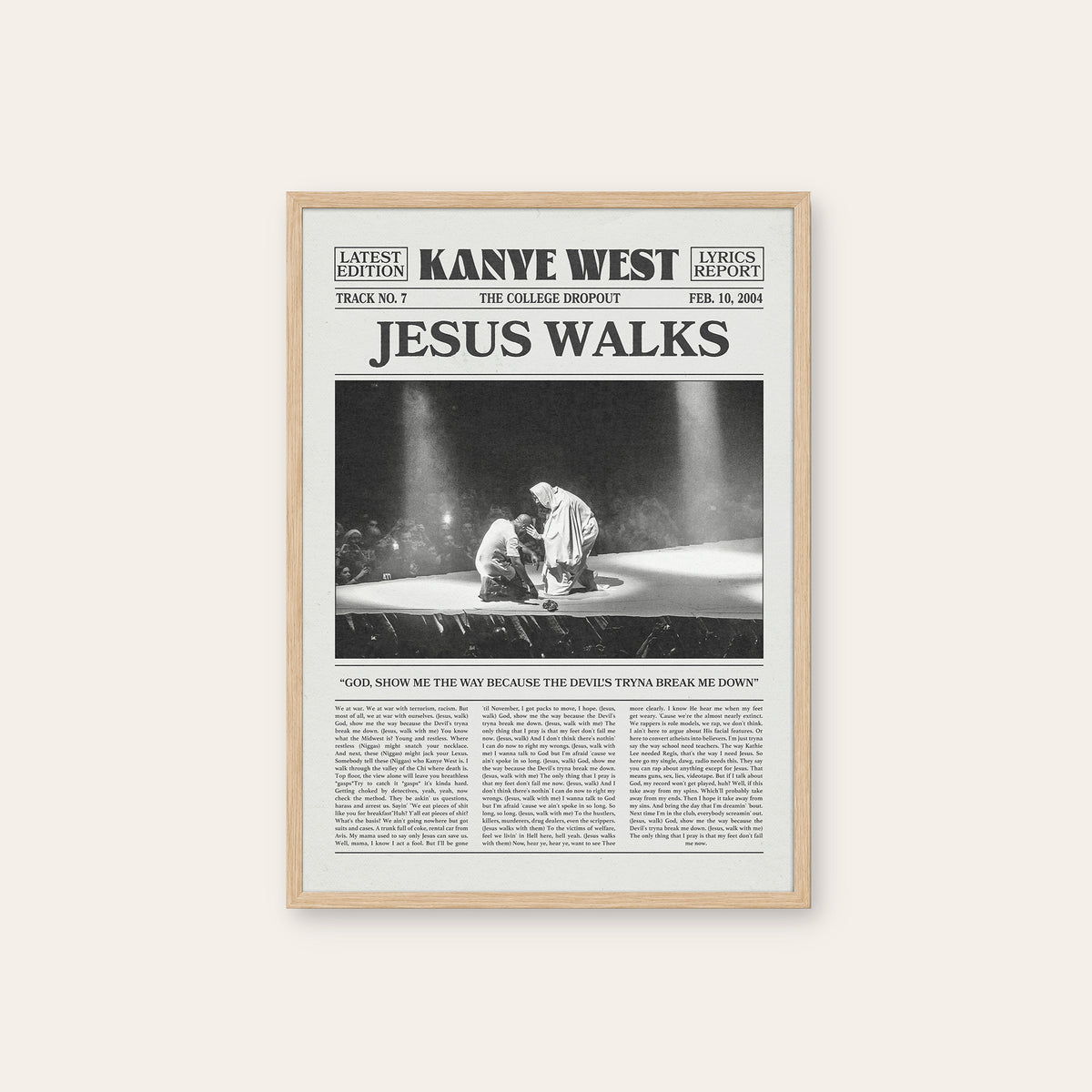 Kanye West Jesus Walks newspaper poster — natural wood frame