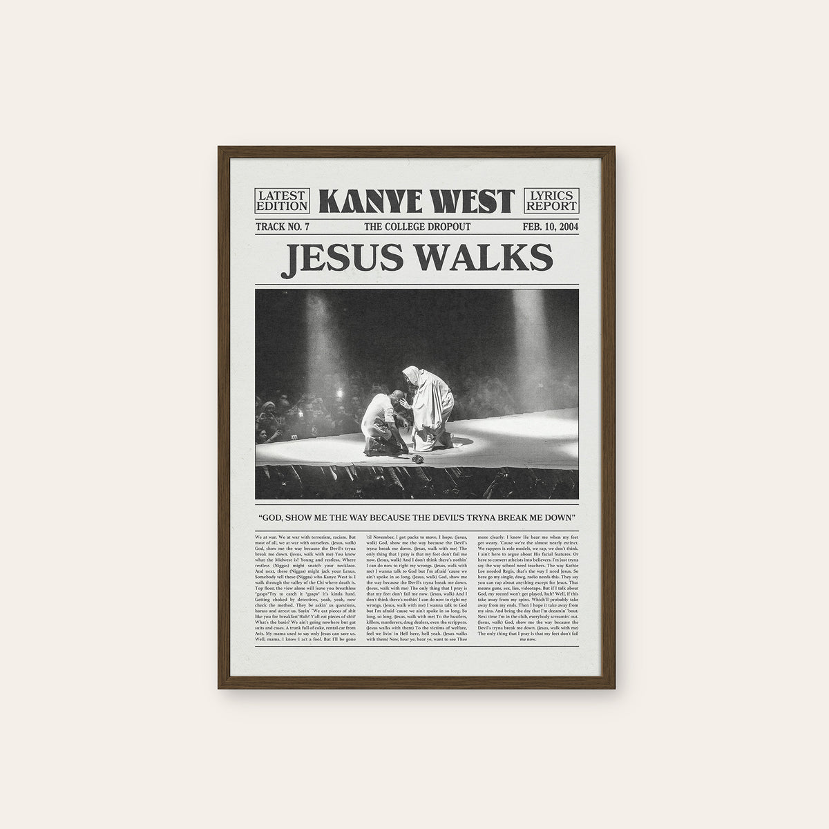Kanye West Jesus Walks newspaper poster — dark wood frame