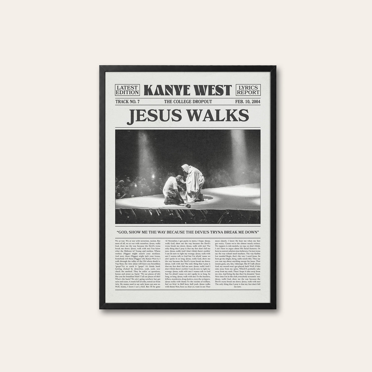 Kanye West Jesus Walks newspaper poster — black frame