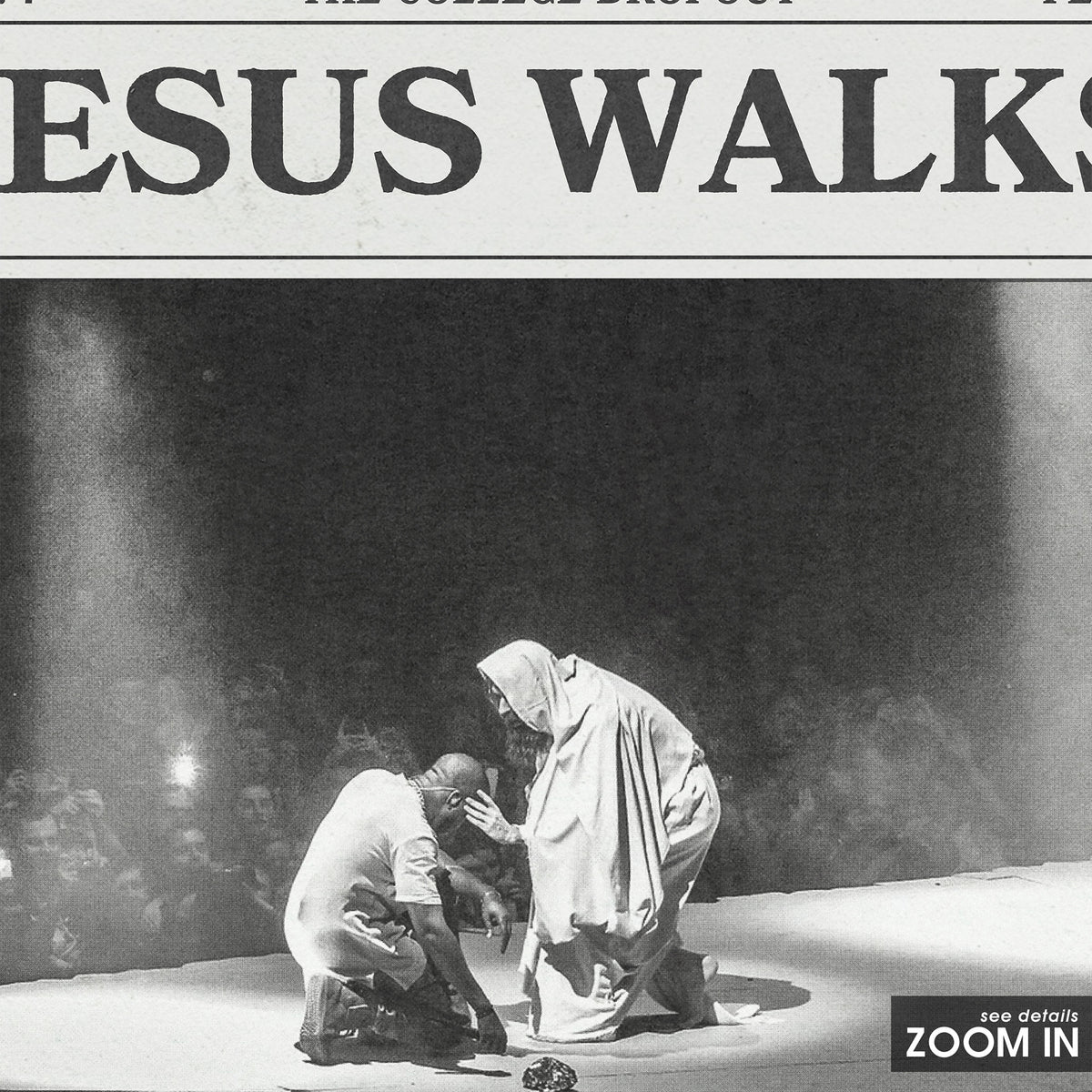 Kanye West Jesus Walks newspaper poster — close-up detail
