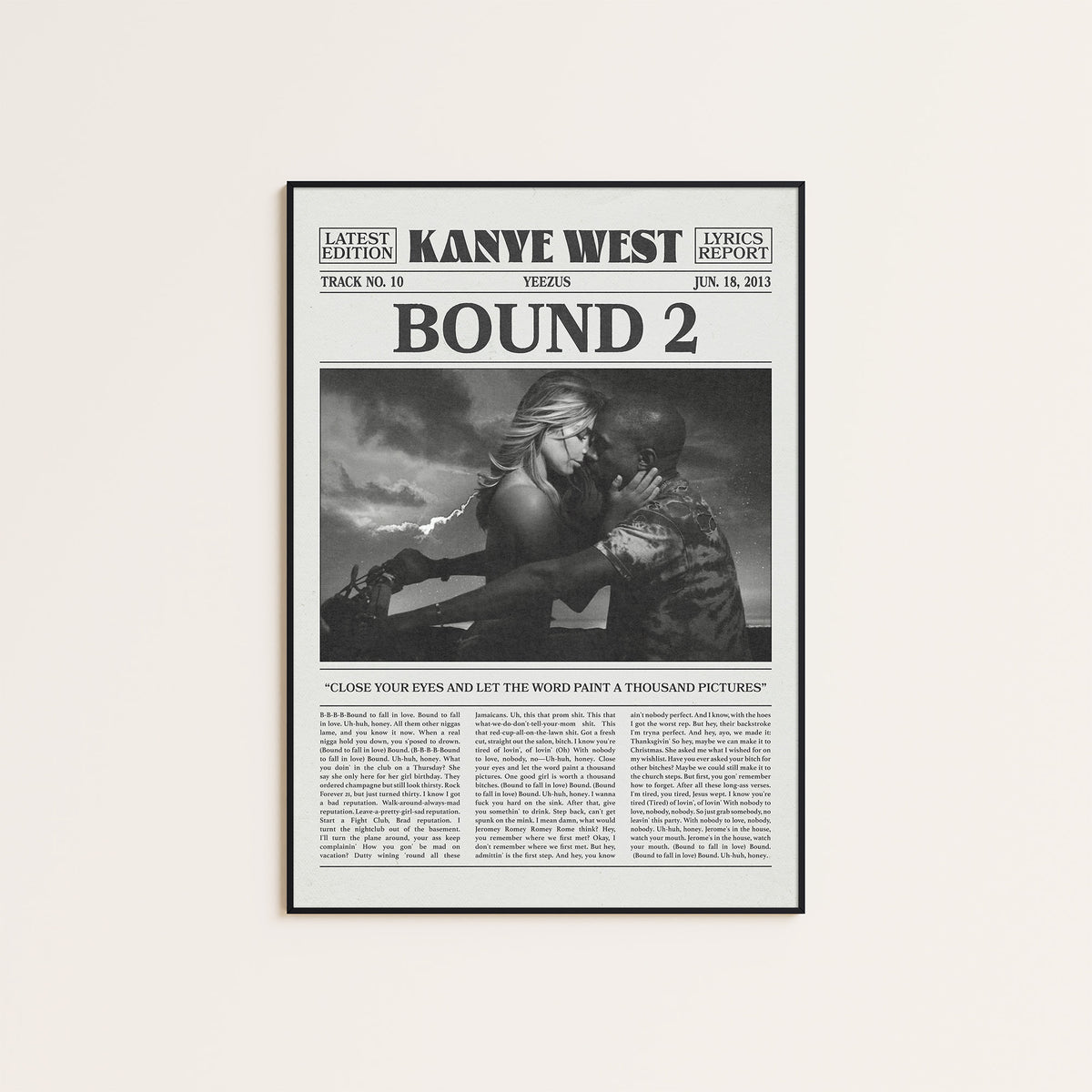 Kanye West Bound 2 newspaper poster — black frame display