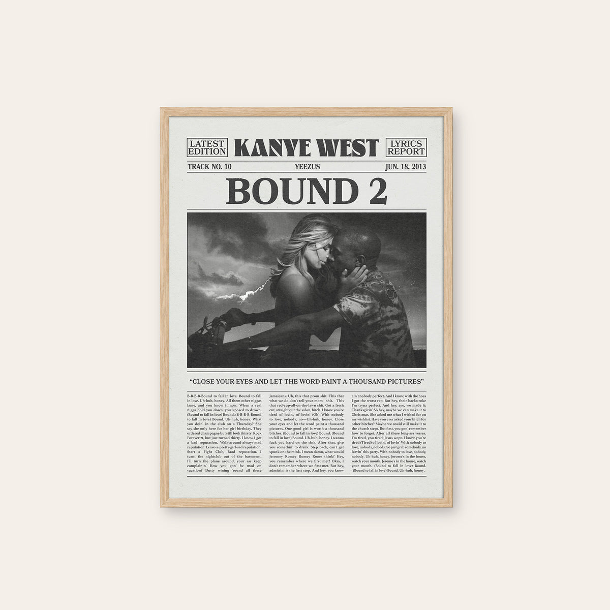 Kanye West Bound 2 newspaper poster — natural wood frame