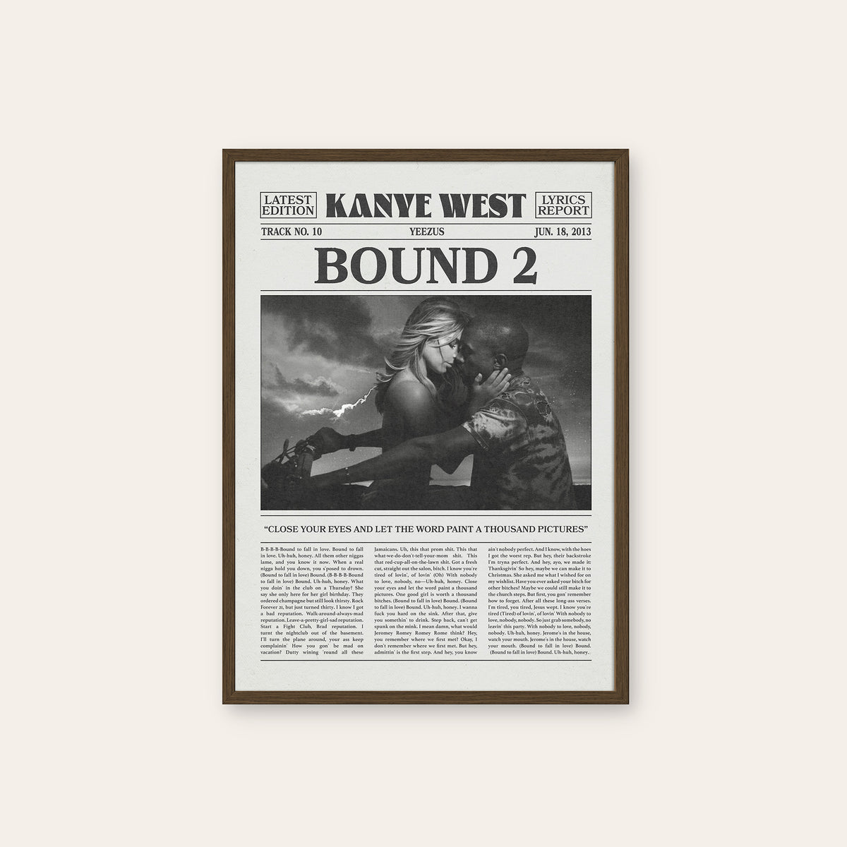 Kanye West Bound 2 newspaper poster — dark wood frame
