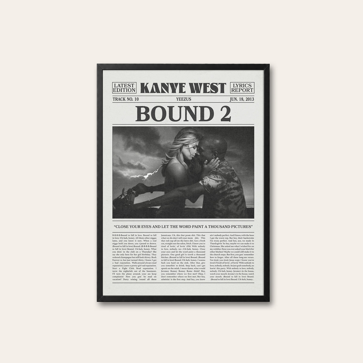 Kanye West Bound 2 newspaper poster — black frame