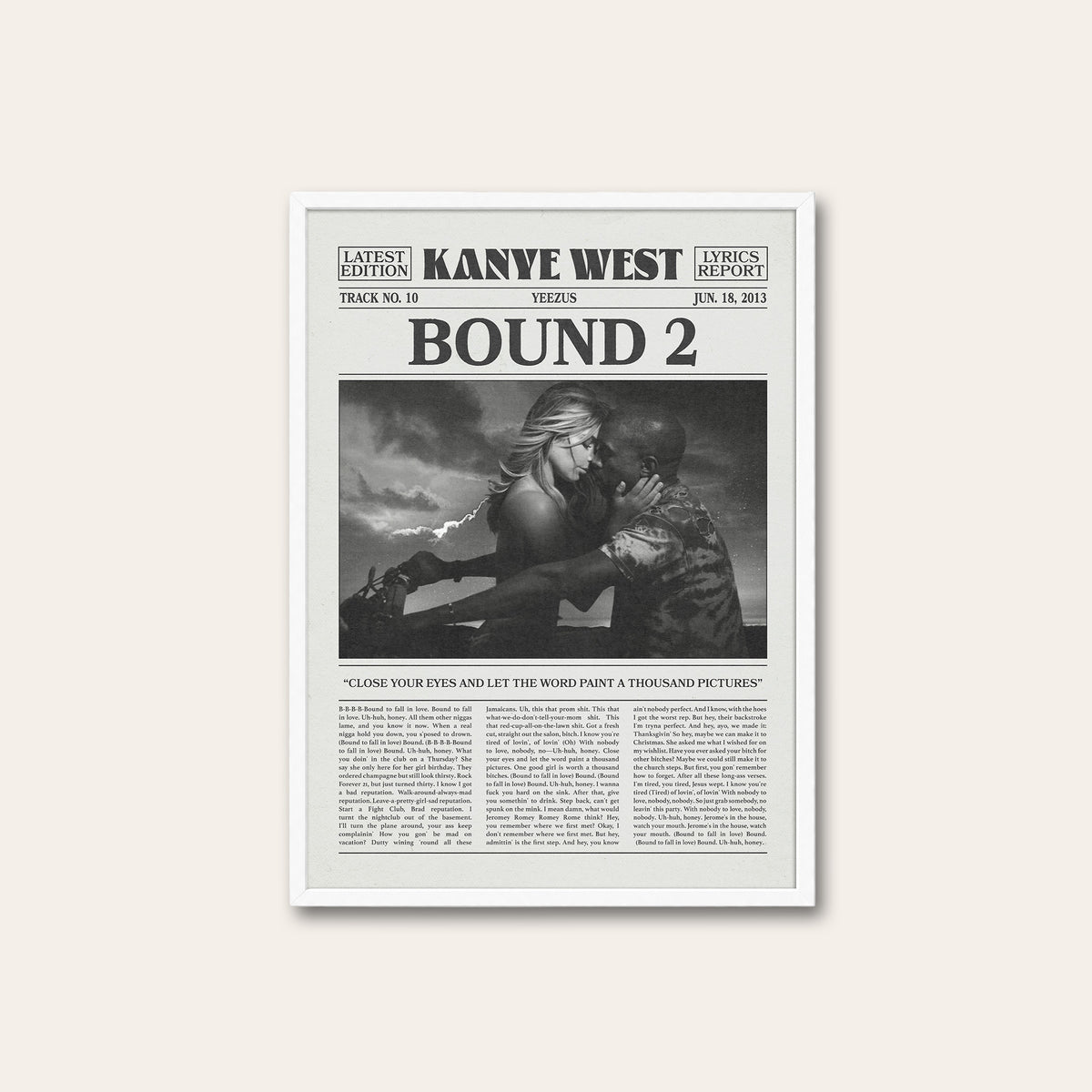 Kanye West Bound 2 newspaper poster — white frame