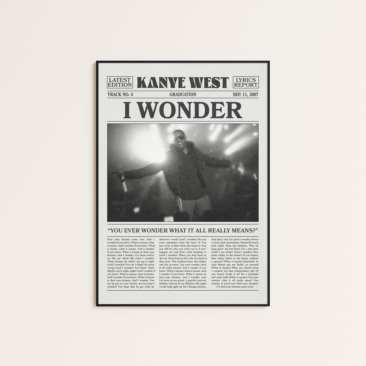 Kanye West I Wonder newspaper poster — black frame display