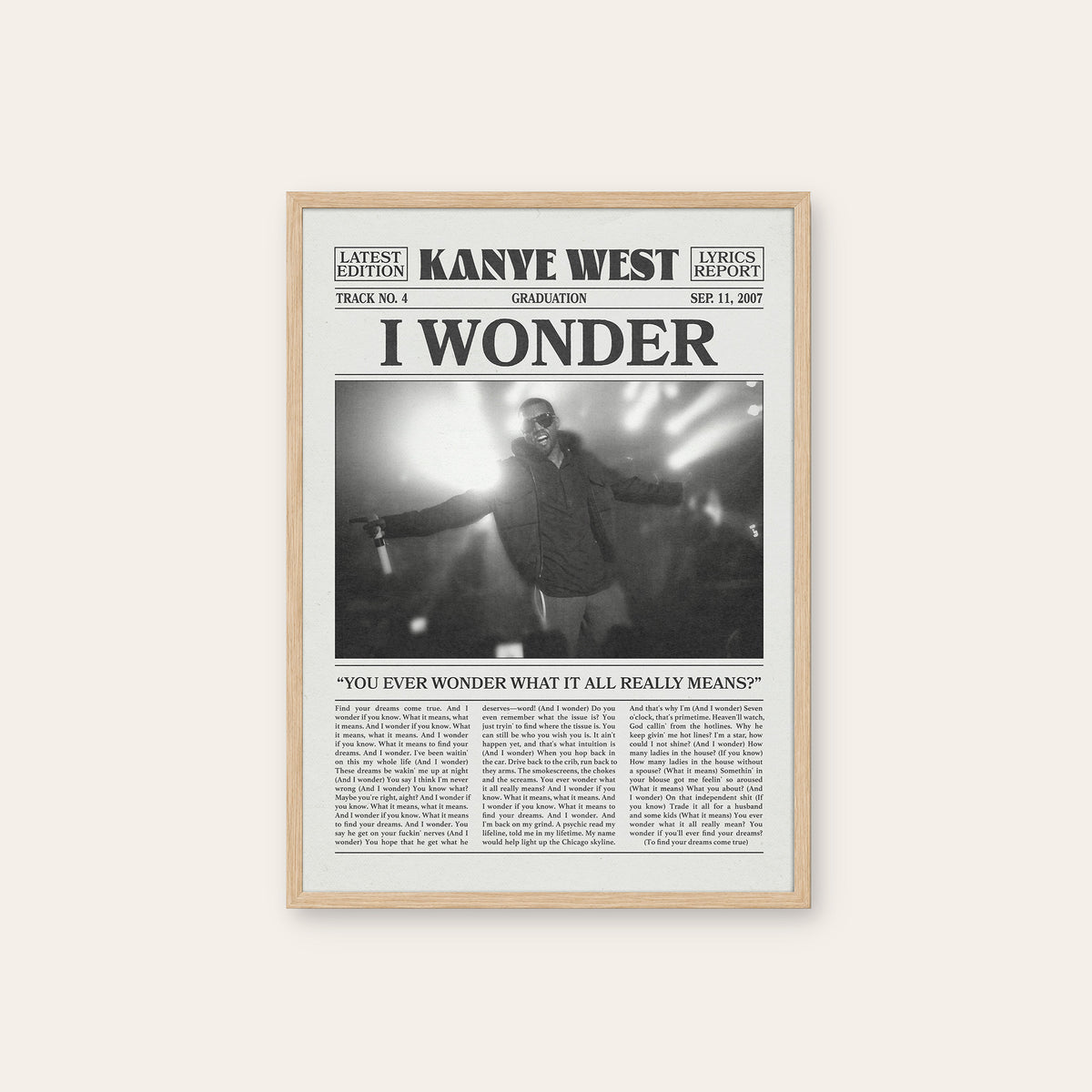 Kanye West I Wonder newspaper poster — natural wood frame