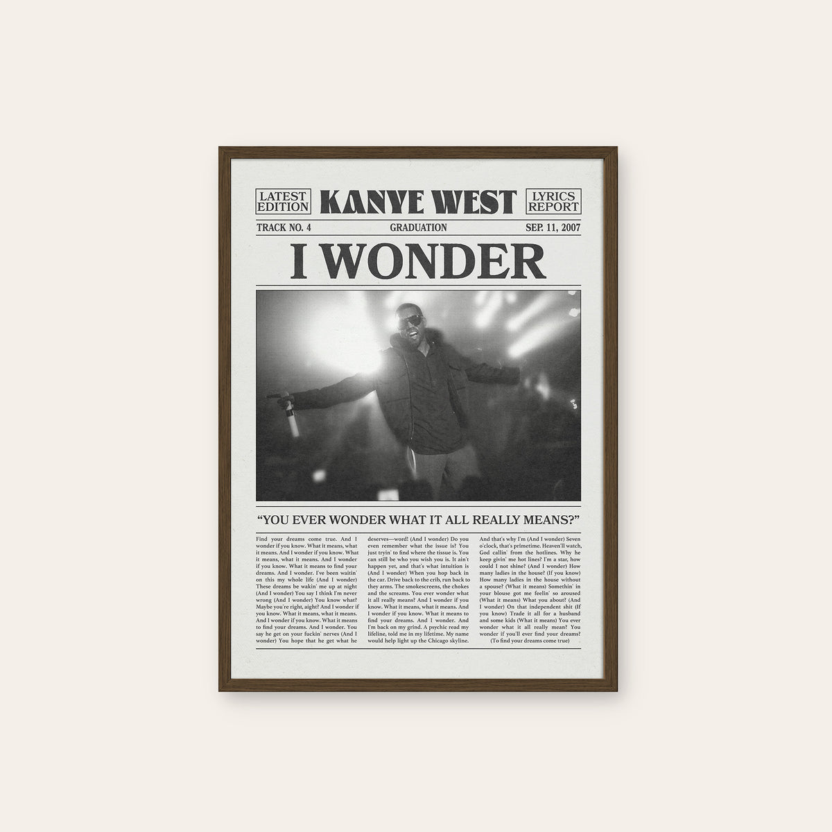 Kanye West I Wonder newspaper poster — dark wood frame